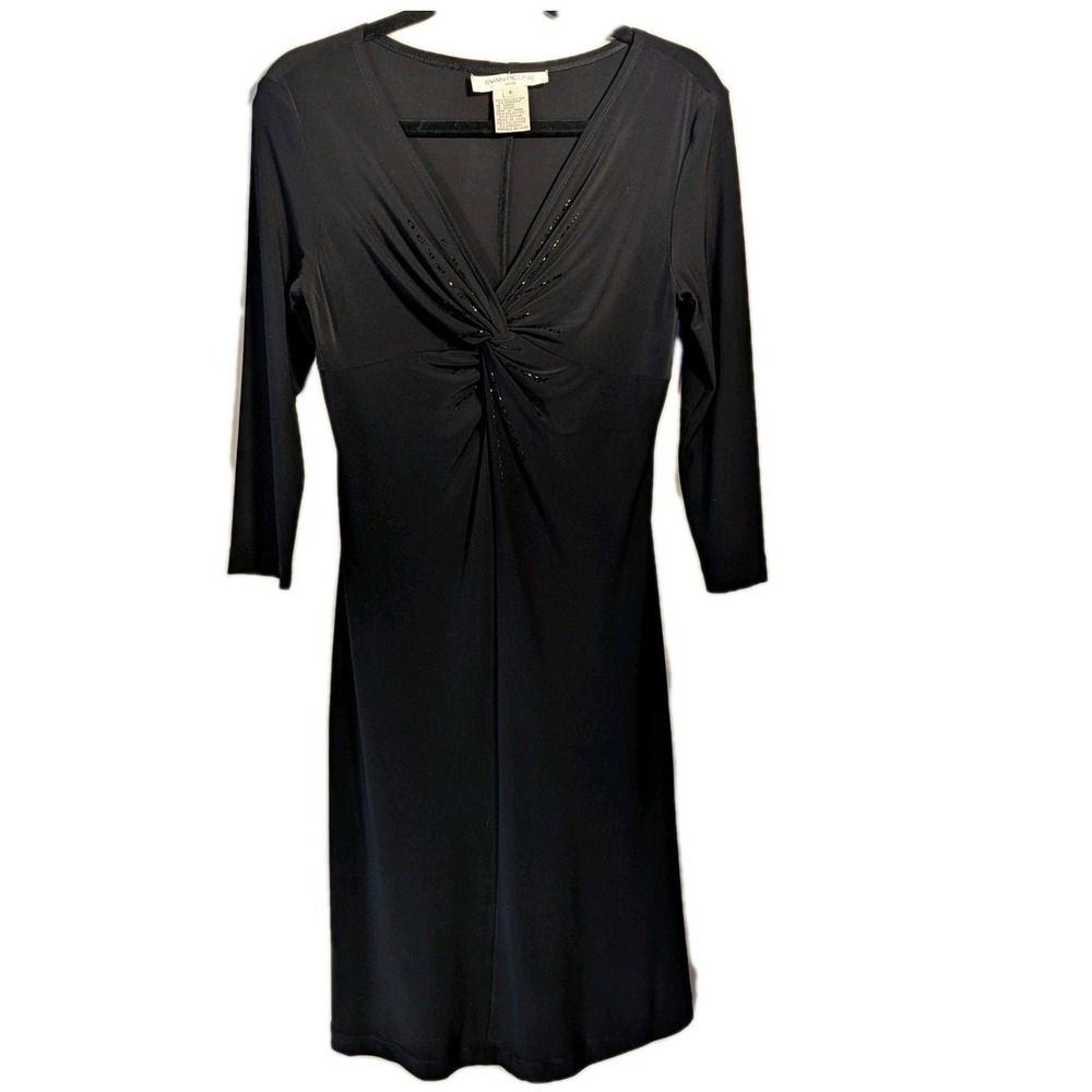 6 Womens Black 3/4 Sleeve Gathered Fit Flare V- Neck Dress Evan Picone - Picture 3 of 6
